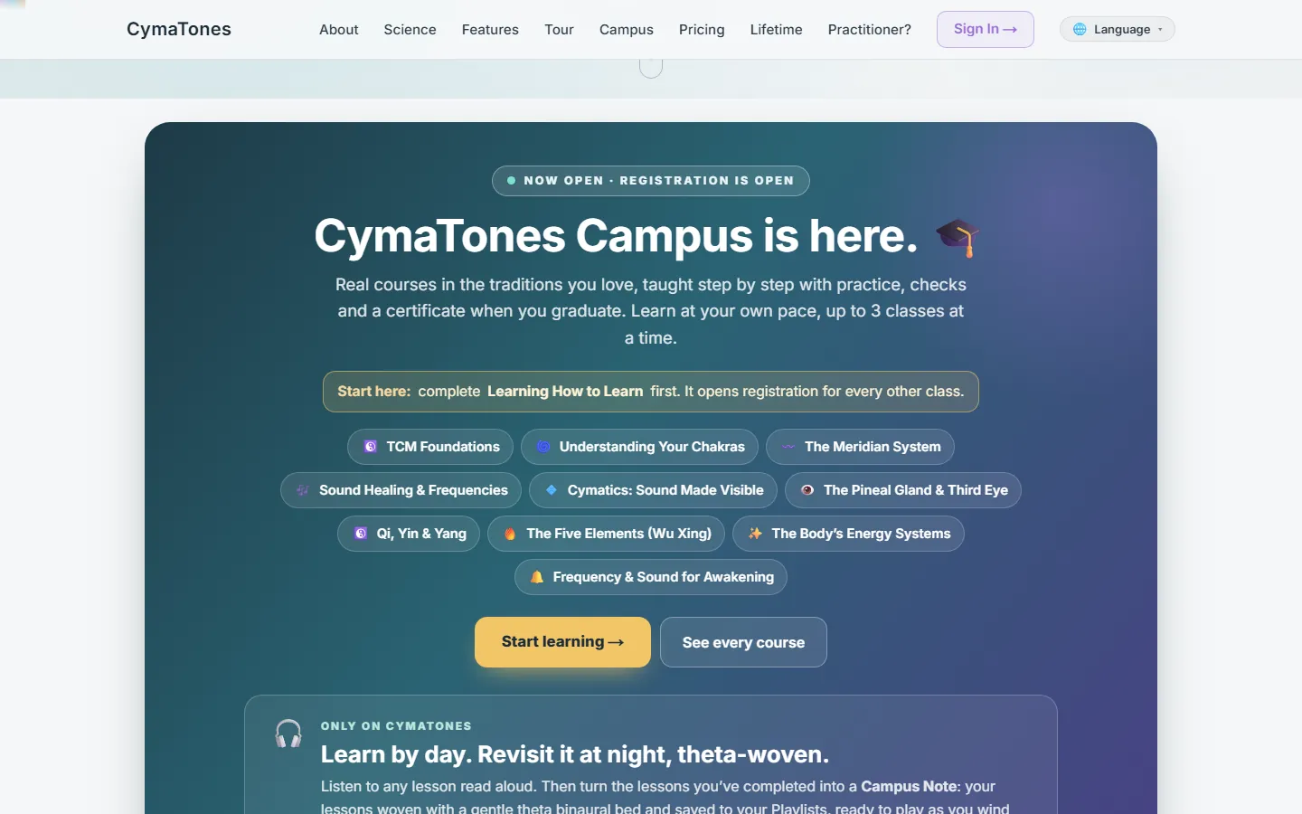 CymaTones: Campus: courses in the traditions members love, with a certificate at the end.