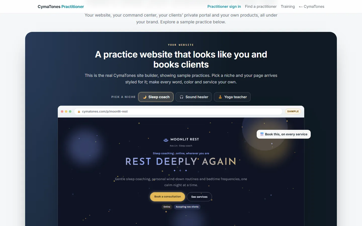 CymaTones Practitioner: A sample practice website from the real site builder, shown with sample data.