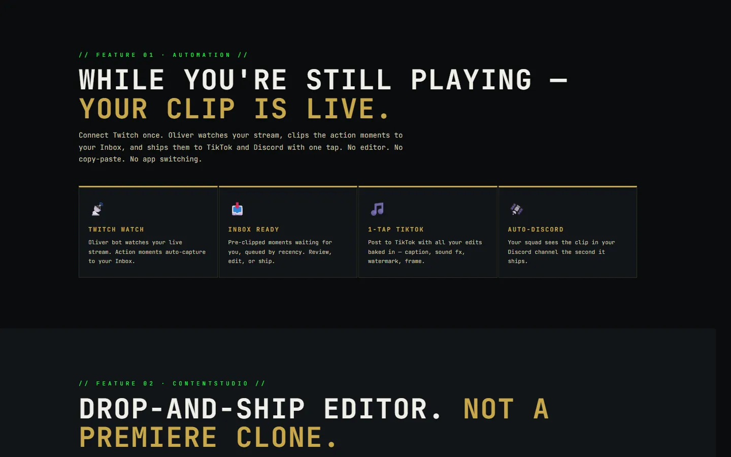 SquadMates: Automation: capture on Twitch, review in your Inbox, post to TikTok and Discord.