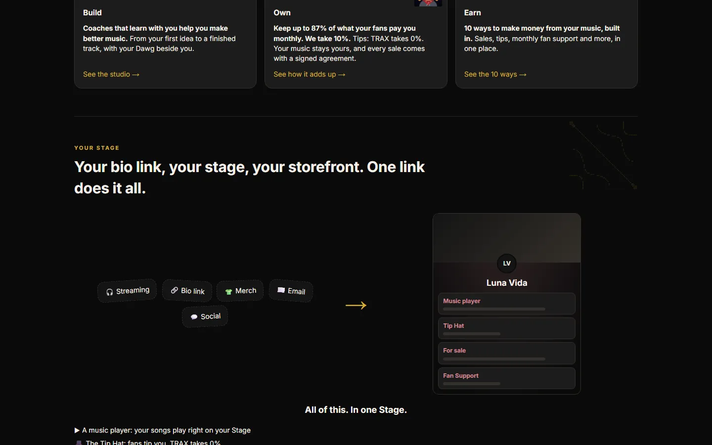 TRAX: Build. Own. Earn., and a Stage that does it all in one link.